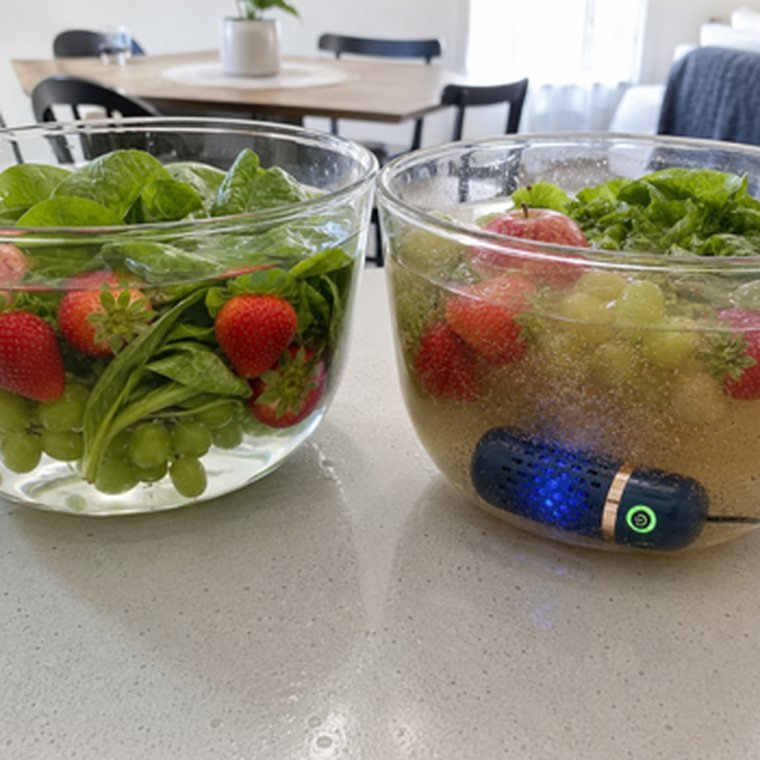 Two bowls of produce soaking side by side, PodBloom running in one