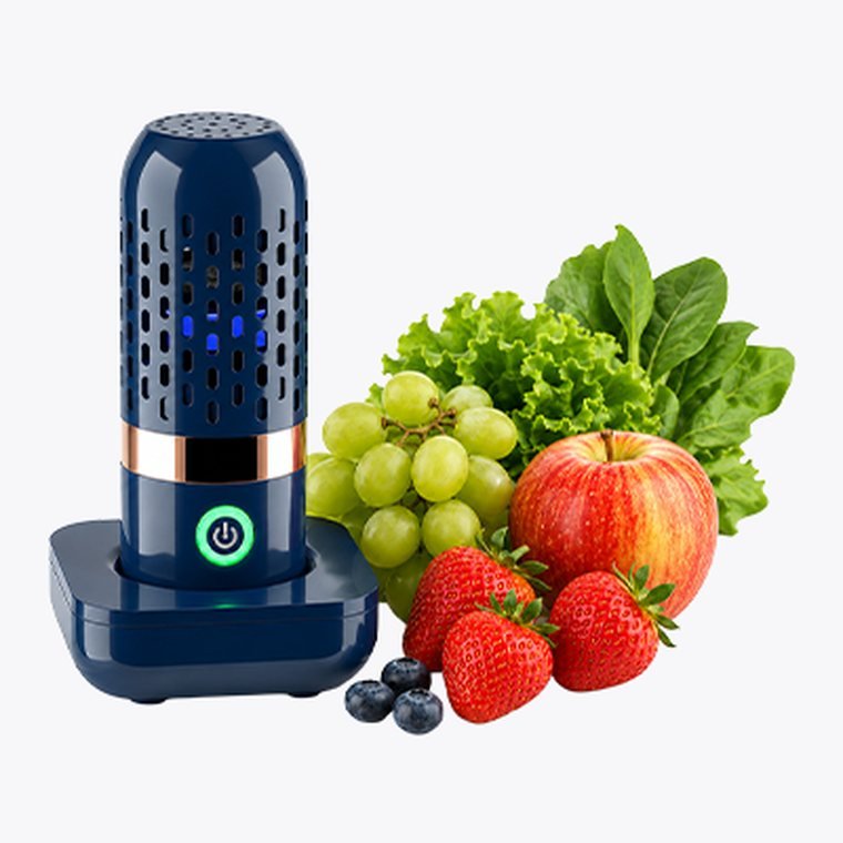 The PodBloom device next to fresh fruit and vegetables