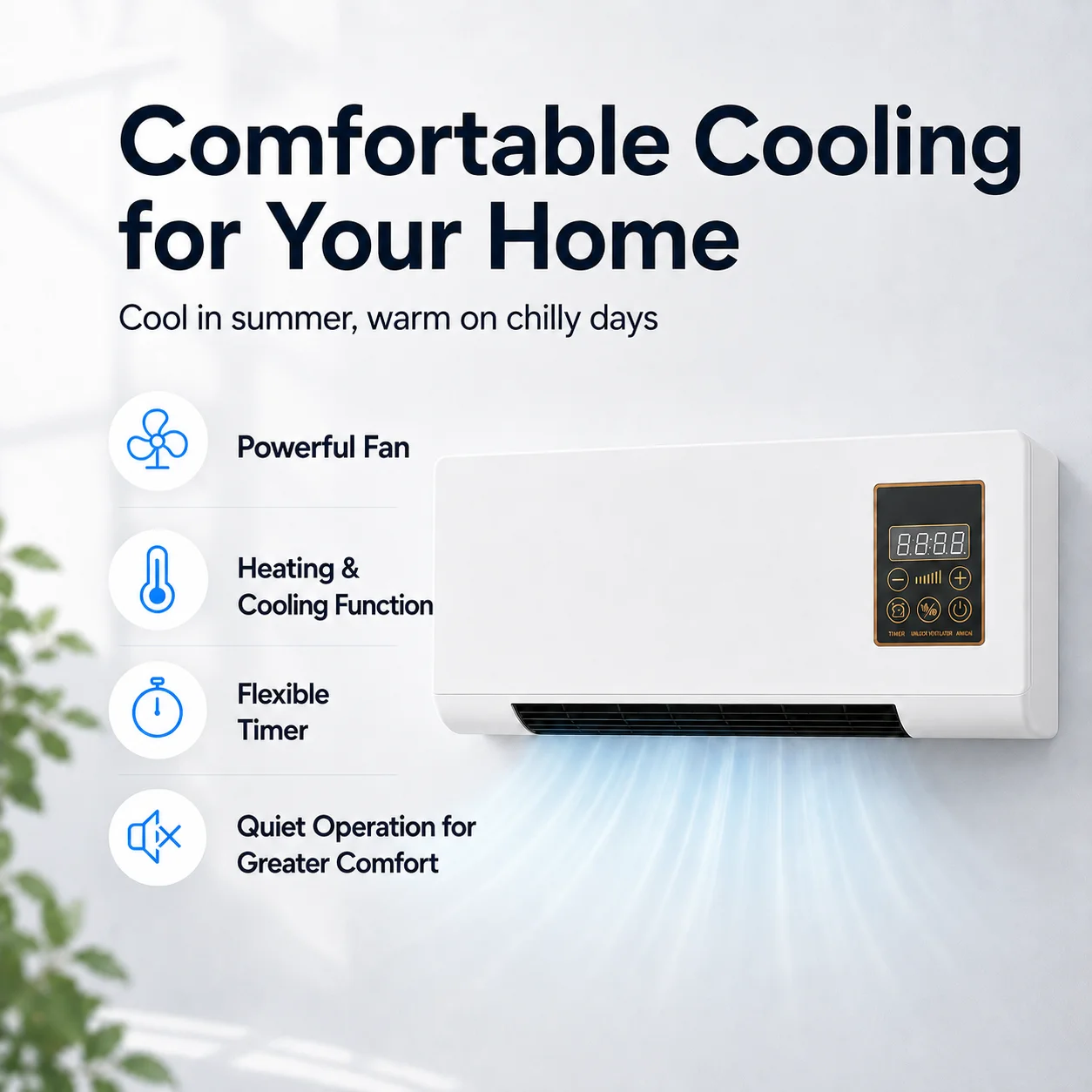 Feature overview: powerful fan, heating and cooling function, timer, quiet operation